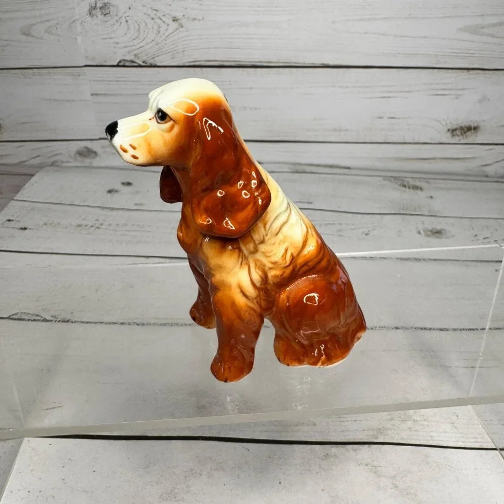 Vintage Ceramic Cocker Spaniel Dog Figurine‎ Brown White Glazed 5